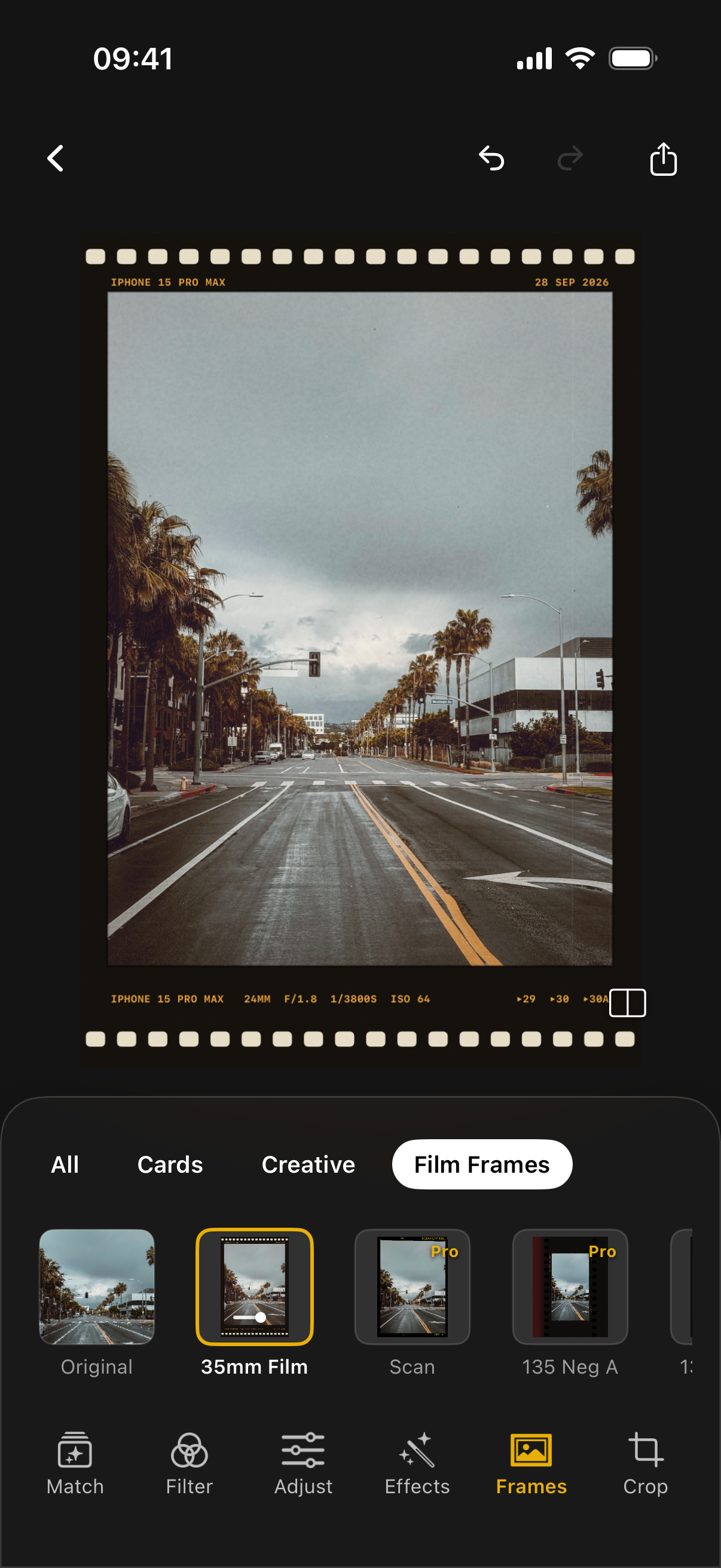 Actual PresetCan app: a 35mm frame with real iPhone camera details.