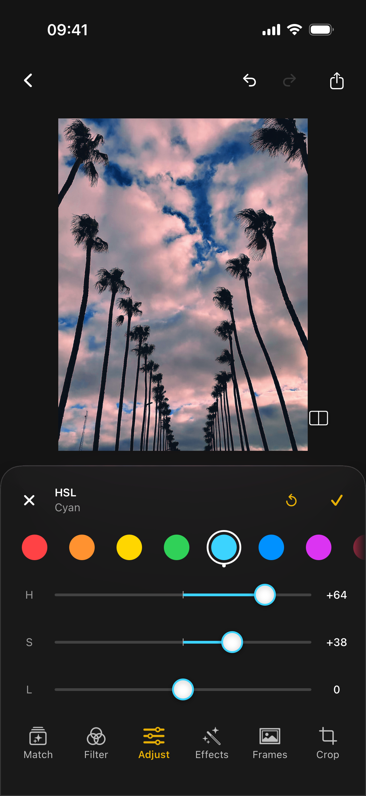Actual PresetCan app: the Cyan HSL controls on a photograph.