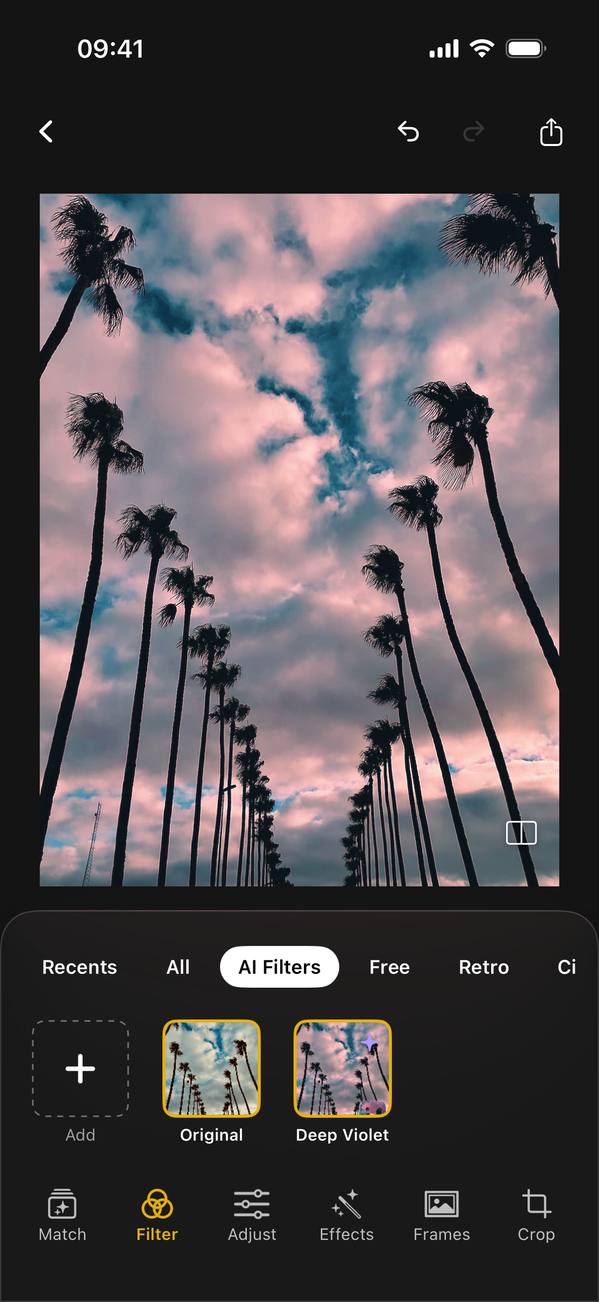 Actual PresetCan app: the saved Deep Violet result in AI Filters.