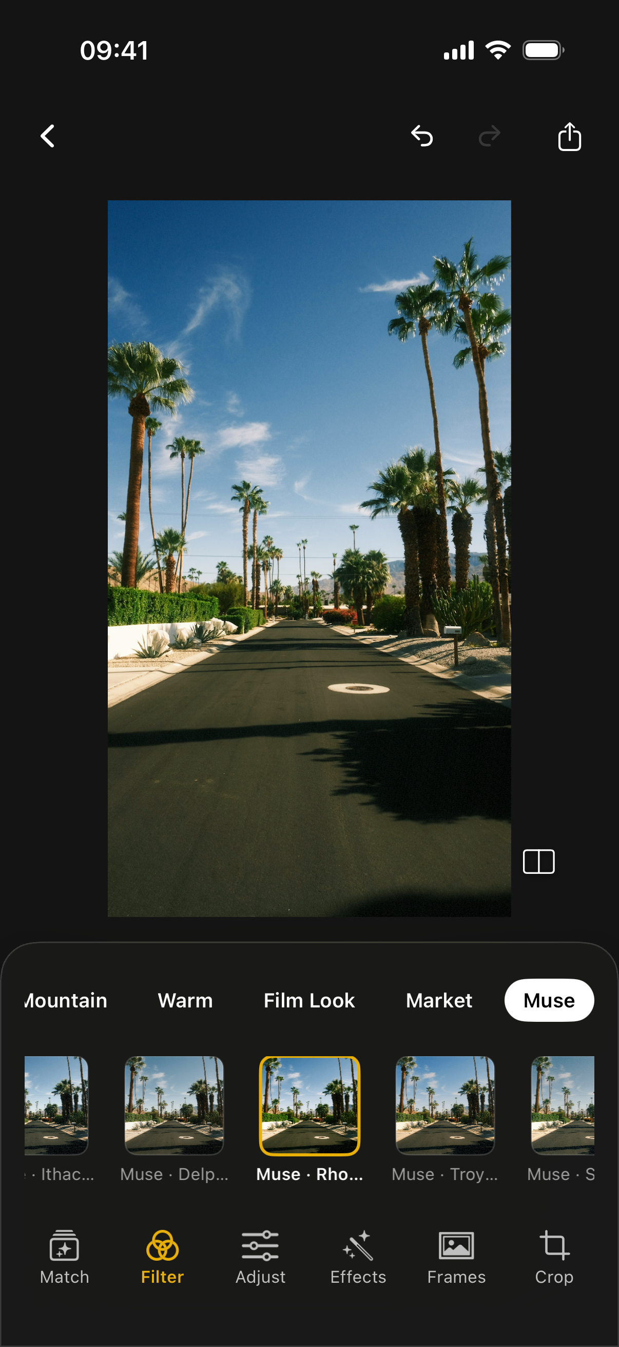 Actual PresetCan app: a palm-lined street with Muse · Rhodes 100 applied.