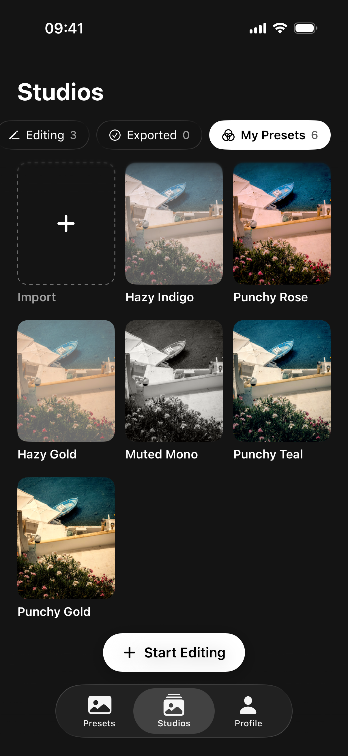 Actual PresetCan app: six imported LUT and XMP looks in My Presets.